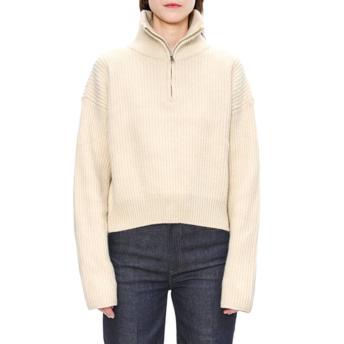 WIDE-RIB JUMPER WITH TRUCKER COLLAR ECRU