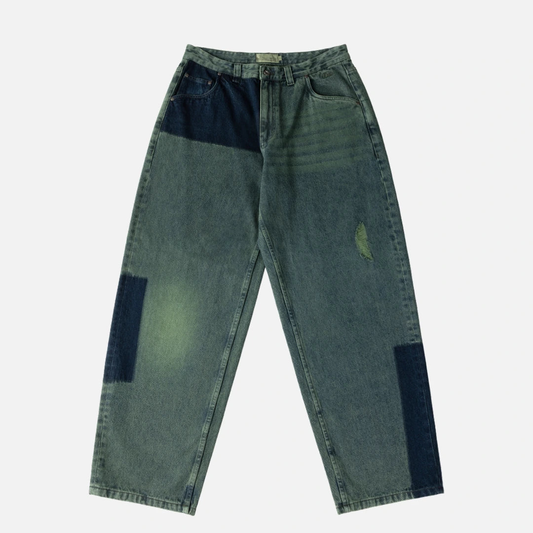 Baggy Denim Pants Distressed Green