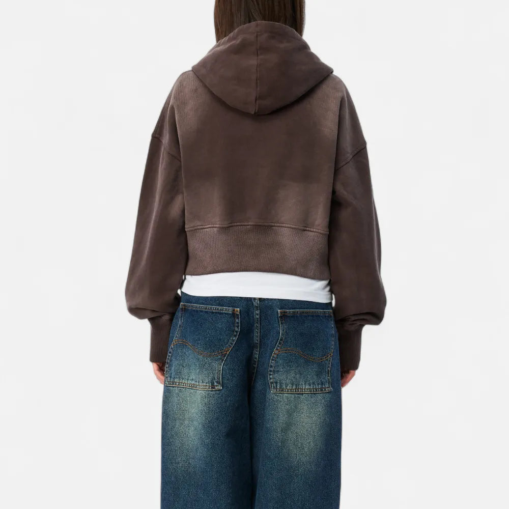 Cropped Zip Hoodie Brown Washed