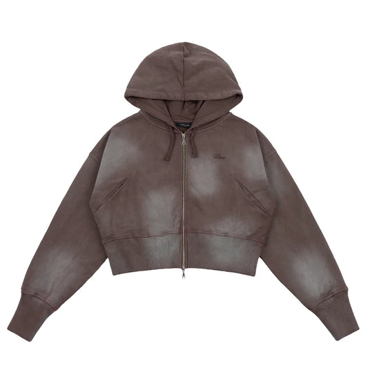 Cropped Zip Hoodie Brown Washed