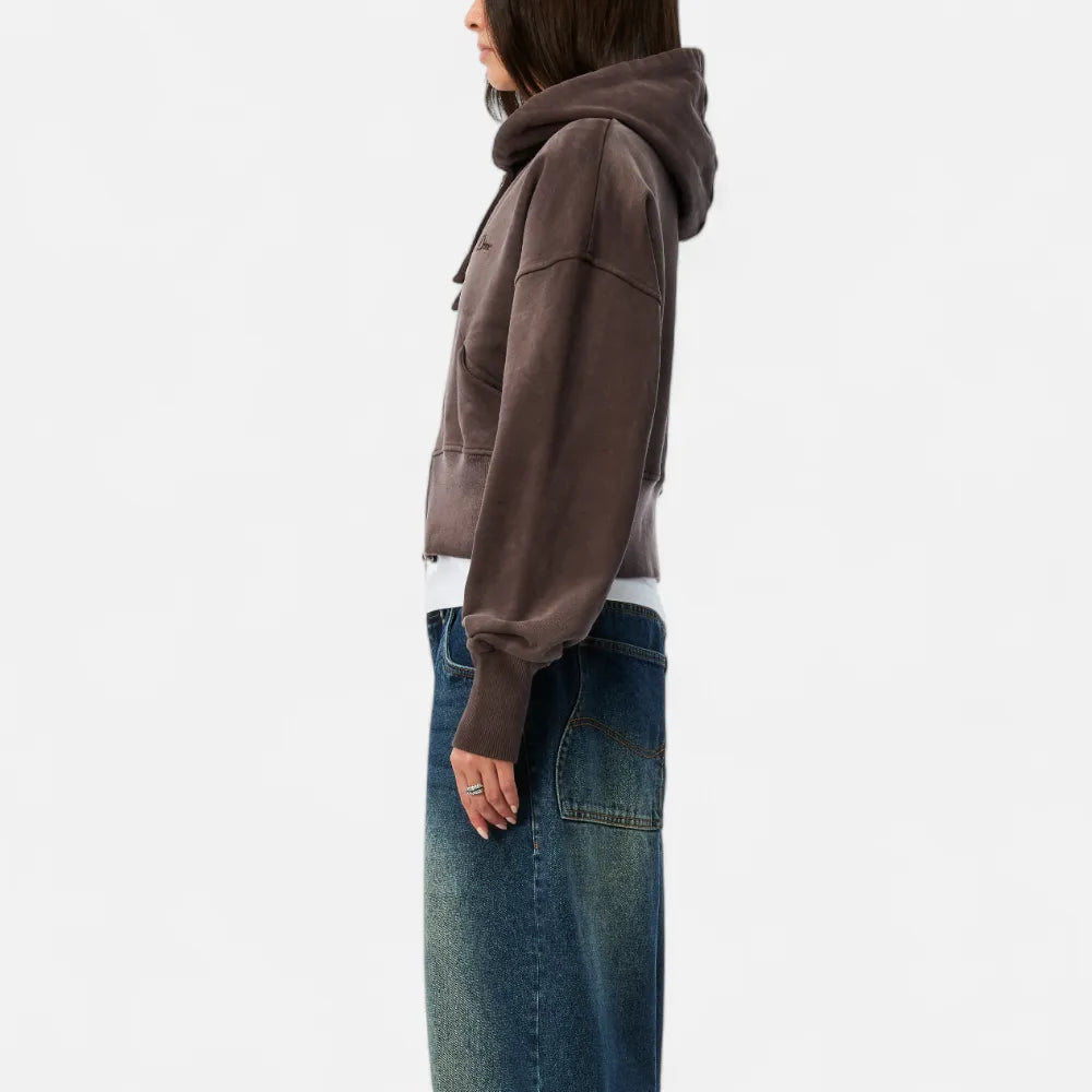 Cropped Zip Hoodie Brown Washed